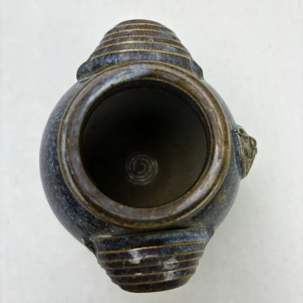 Small Vase 4” Two Handles Earth Décor Pyrite & Flame Signed Truchon Corse Bee EC